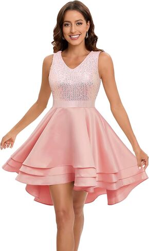Meetjen Women's Cocktail Dress Short Sequin Satin Hi-Lo V Neck A-line Swing Prom Formal Dress in Saudi Arabia