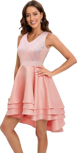Meetjen Women's Cocktail Dress Short Sequin Satin Hi-Lo V Neck A-line Swing Prom Formal Dress in Saudi Arabia