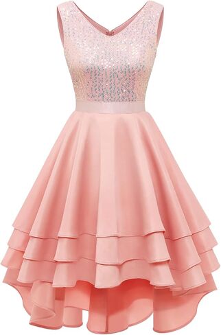 Meetjen Women's Cocktail Dress Short Sequin Satin Hi-Lo V Neck A-line Swing Prom Formal Dress in Saudi Arabia