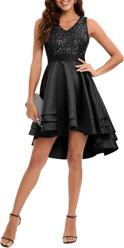 Meetjen Women's Cocktail Dress Short Sequin Satin Hi-Lo V Neck A-line Swing Prom Formal Dress in Saudi Arabia