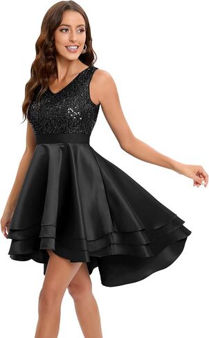 Meetjen Women's Cocktail Dress Short Sequin Satin Hi-Lo V Neck A-line Swing Prom Formal Dress in Saudi Arabia