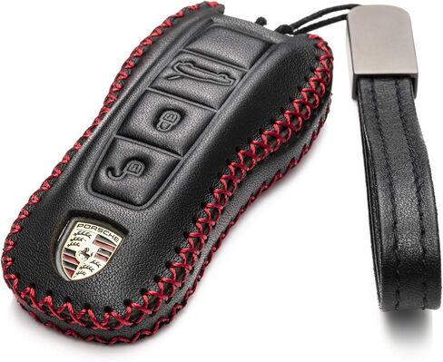 غطاء حماية من الجلد الأصلي من Vitodeco مع حزام مفاتيح جلدي متوافق مع 2020 - 2024 Porsche Cayenne، Macan، Panamera، 718، 911 (3 أزرار، أسود/أحمر) in Kuwait