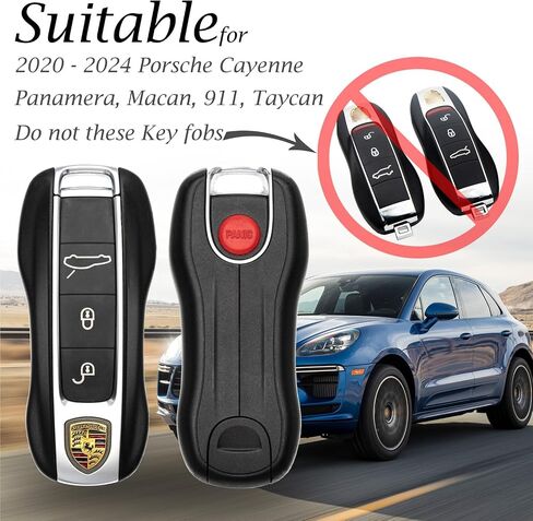 غطاء حماية من الجلد الأصلي من Vitodeco مع حزام مفاتيح جلدي متوافق مع 2020 - 2024 Porsche Cayenne، Macan، Panamera، 718، 911 (3 أزرار، أسود/أحمر) in Kuwait
