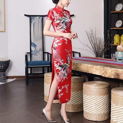 Short Sleeve Chinese Cheongsam Costume Blossom Printed Mandarin Collar Side Split Traditional Qipao Party Dress in Saudi Arabia
