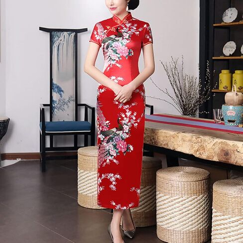 Short Sleeve Chinese Cheongsam Costume Blossom Printed Mandarin Collar Side Split Traditional Qipao Party Dress in Saudi Arabia