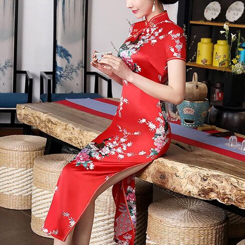 Short Sleeve Chinese Cheongsam Costume Blossom Printed Mandarin Collar Side Split Traditional Qipao Party Dress in Saudi Arabia