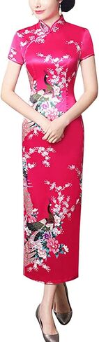 Short Sleeve Chinese Cheongsam Costume Blossom Printed Mandarin Collar Side Split Traditional Qipao Party Dress in Kuwait