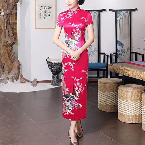 Short Sleeve Chinese Cheongsam Costume Blossom Printed Mandarin Collar Side Split Traditional Qipao Party Dress in Kuwait