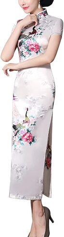 Short Sleeve Chinese Cheongsam Costume Blossom Printed Mandarin Collar Side Split Traditional Qipao Party Dress in Kuwait