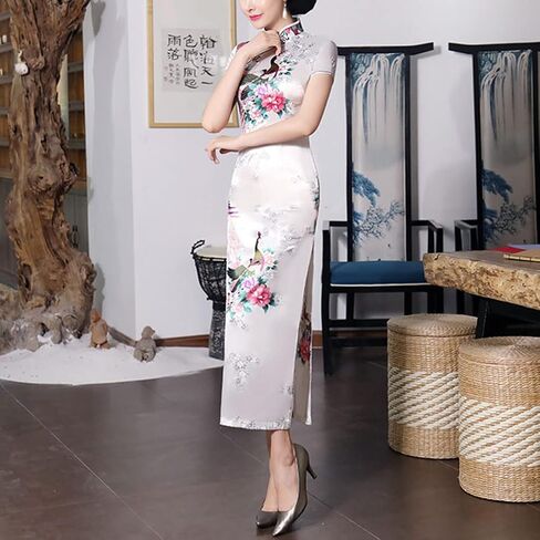 Short Sleeve Chinese Cheongsam Costume Blossom Printed Mandarin Collar Side Split Traditional Qipao Party Dress in Kuwait