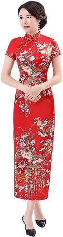 Short Sleeve Chinese Cheongsam Costume Blossom Printed Mandarin Collar Side Split Traditional Qipao Party Dress in Kuwait