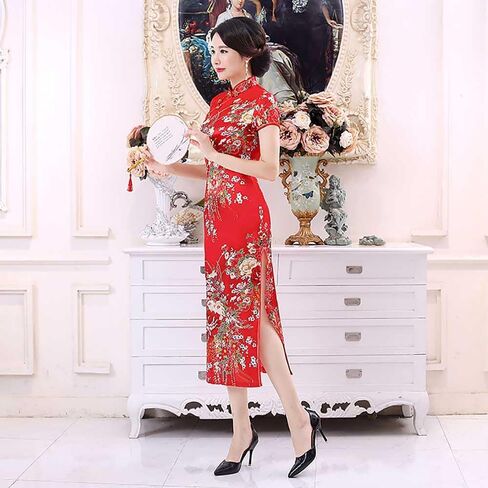 Short Sleeve Chinese Cheongsam Costume Blossom Printed Mandarin Collar Side Split Traditional Qipao Party Dress in Kuwait