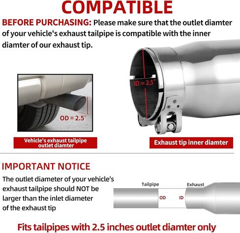 AUTOSAVER88 2.5 Inch Inlet Exhaust Tip, 2.5" Inlet 3" Outlet 6" Overall Length Stainless Steel Exhaust Tail Tip for 2 1/2 Inch Outside Diameter Tailpipe, Chrome-Plated, Rolled Angle Cut, Bolt/Clamp On in Saudi Arabia