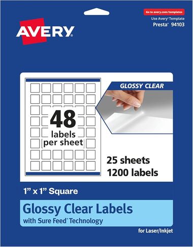 Avery Glossy Clear Square Labels with Sure Feed, 1" x 1", 480 Glossy Clear Labels, Print-to-The-Edge, Laser/Inkjet Printable Labels in Saudi Arabia