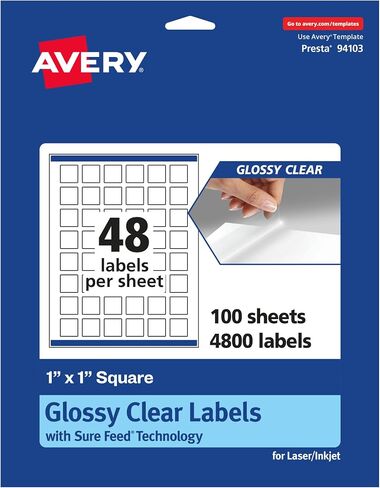 Avery Glossy Clear Square Labels with Sure Feed, 1" x 1", 480 Glossy Clear Labels, Print-to-The-Edge, Laser/Inkjet Printable Labels in Saudi Arabia