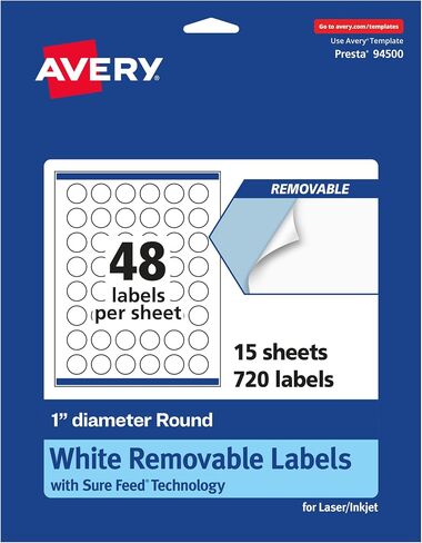 Avery Matte White Removable Round Labels with Sure Feed Technology, Print-to-The-Edge, 1" Diameter, 720 Removable Labels, Laser/Inkjet Printable Labels in Saudi Arabia