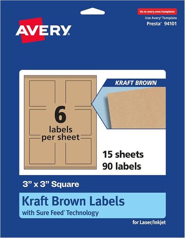 Avery Kraft Brown Square Labels with Sure Feed, 3" x 3", 90 Kraft Brown Labels, Print-to-The-Edge, Laser/Inkjet Printable Labels in Saudi Arabia