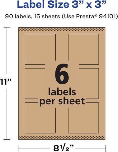 Avery Kraft Brown Square Labels with Sure Feed, 3" x 3", 90 Kraft Brown Labels, Print-to-The-Edge, Laser/Inkjet Printable Labels in Saudi Arabia
