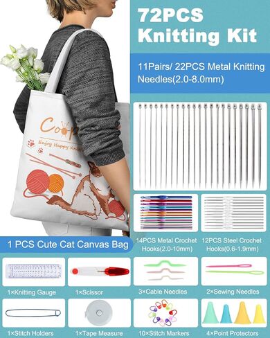 Coopay Knitting Needles Set 86PCS Knitting Kit for Beginners, Crochet Knitting Start Set Includes 9.8" Bamboo Knitting Needle Set (2-10mm), Metal Crochet Hooks Set (0.6-10mm) & Crochet Accessories in Saudi Arabia