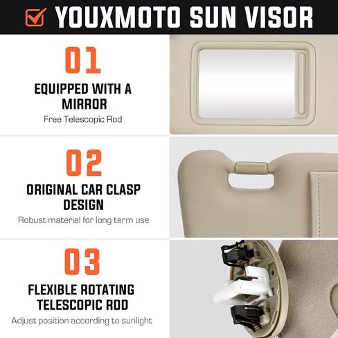 Youxmoto Sun Visor Left Driver Side for Toyota Camry with Sunroof 2007 2008 2009 2010 2011, Beige Sun Visor Replaces# 74320-06800-B0, with Vanity Mirror and Light in Saudi Arabia