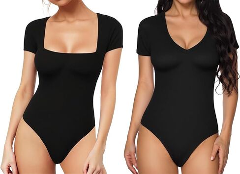 MANGOPOP Women's Square Neck Short Sleeve Bodysuit + V Neck Short Sleeve Tops Bodysuit in Saudi Arabia