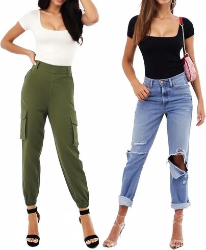 MANGOPOP Women's Square Neck Short Sleeve Bodysuit + V Neck Short Sleeve Tops Bodysuit in Saudi Arabia