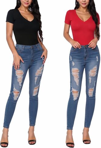 MANGOPOP Women's Square Neck Short Sleeve Bodysuit + V Neck Short Sleeve Tops Bodysuit in Saudi Arabia