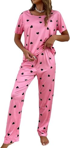 Women's 2 Piece Pajama Set Heart Print Short Sleeve Round Neck Tee Top and Pants Pj Set Cute Sleepwear in Saudi Arabia