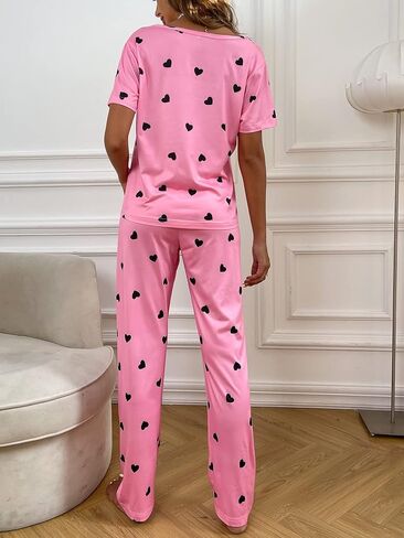 Women's 2 Piece Pajama Set Heart Print Short Sleeve Round Neck Tee Top and Pants Pj Set Cute Sleepwear in Saudi Arabia