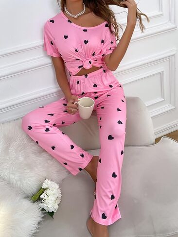 Women's 2 Piece Pajama Set Heart Print Short Sleeve Round Neck Tee Top and Pants Pj Set Cute Sleepwear in Saudi Arabia