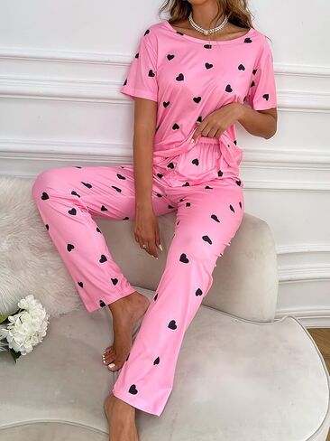 Women's 2 Piece Pajama Set Heart Print Short Sleeve Round Neck Tee Top and Pants Pj Set Cute Sleepwear in Saudi Arabia