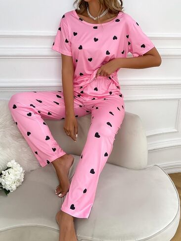 Women's 2 Piece Pajama Set Heart Print Short Sleeve Round Neck Tee Top and Pants Pj Set Cute Sleepwear in Saudi Arabia