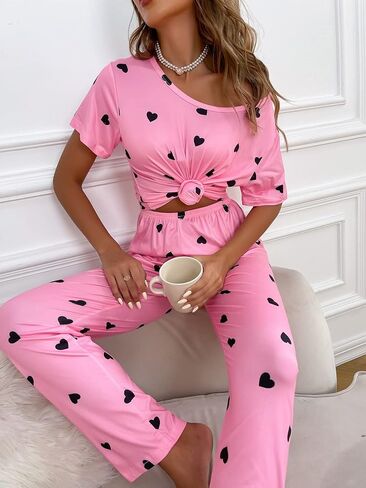 Women's 2 Piece Pajama Set Heart Print Short Sleeve Round Neck Tee Top and Pants Pj Set Cute Sleepwear in Saudi Arabia