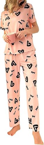 Women's 2 Piece Pajama Set Heart Print Short Sleeve Round Neck Tee Top and Pants Pj Set Cute Sleepwear in Saudi Arabia