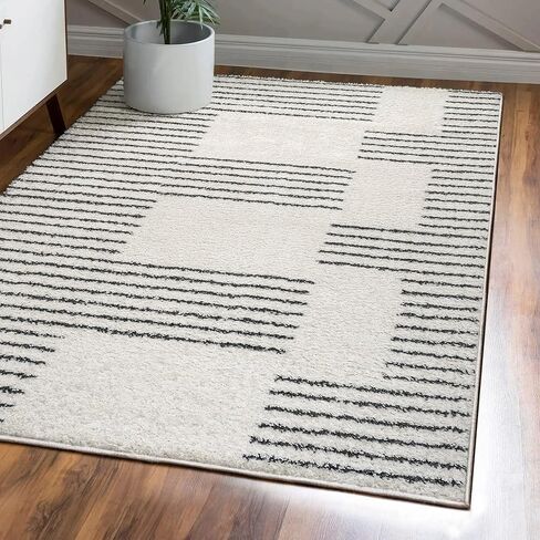 JONATHAN Y MOH407A-8 Petra Abstract Stripe Geometric Shag Indoor Area-Rug Bohemian Contemporary Glam Easy-Cleaning Bedroom Kitchen Living Room Non Shedding, 8 X 10, White/Black in Saudi Arabia