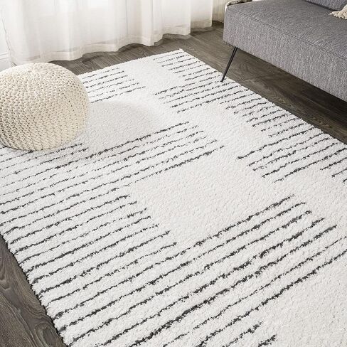 JONATHAN Y MOH407A-8 Petra Abstract Stripe Geometric Shag Indoor Area-Rug Bohemian Contemporary Glam Easy-Cleaning Bedroom Kitchen Living Room Non Shedding, 8 X 10, White/Black in Saudi Arabia