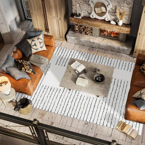 JONATHAN Y MOH407A-8 Petra Abstract Stripe Geometric Shag Indoor Area-Rug Bohemian Contemporary Glam Easy-Cleaning Bedroom Kitchen Living Room Non Shedding, 8 X 10, White/Black in Saudi Arabia