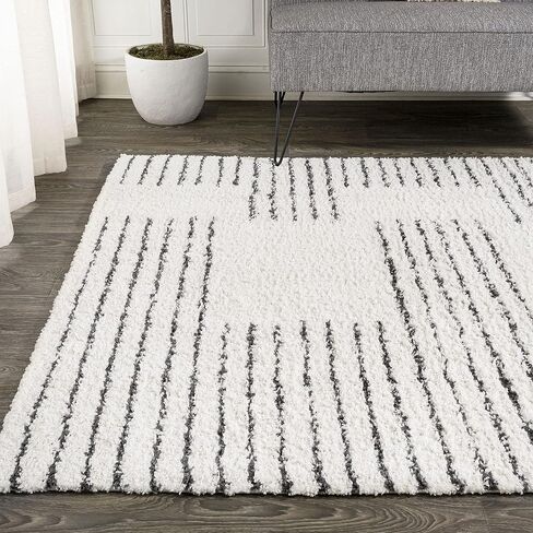 JONATHAN Y MOH407A-8 Petra Abstract Stripe Geometric Shag Indoor Area-Rug Bohemian Contemporary Glam Easy-Cleaning Bedroom Kitchen Living Room Non Shedding, 8 X 10, White/Black in Saudi Arabia