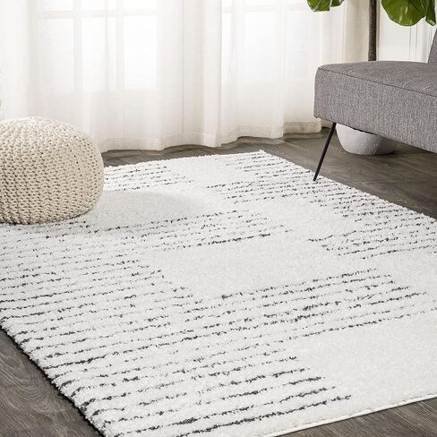 JONATHAN Y MOH407A-8 Petra Abstract Stripe Geometric Shag Indoor Area-Rug Bohemian Contemporary Glam Easy-Cleaning Bedroom Kitchen Living Room Non Shedding, 8 X 10, White/Black in Saudi Arabia