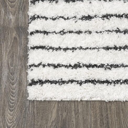 JONATHAN Y MOH407A-8 Petra Abstract Stripe Geometric Shag Indoor Area-Rug Bohemian Contemporary Glam Easy-Cleaning Bedroom Kitchen Living Room Non Shedding, 8 X 10, White/Black in Saudi Arabia
