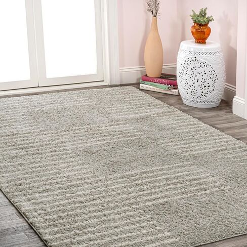 JONATHAN Y MOH407A-8 Petra Abstract Stripe Geometric Shag Indoor Area-Rug Bohemian Contemporary Glam Easy-Cleaning Bedroom Kitchen Living Room Non Shedding, 8 X 10, White/Black in Saudi Arabia