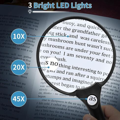 JARLINK Large Magnifying Glass with Light, 10X 20X 45X Illuminated Handheld Magnifier with 3 LED Lights for Seniors Reading, Inspection Coins Jewelry, Exploring, Black in Saudi Arabia