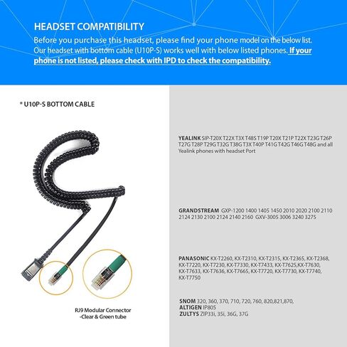 IPD U10P-S Bottom Headphone Adapter Phone Cord Cable Compatible with Yealink, Snom,Grandstream & LG IP Phones U10P-S Bottom with RJ9 Cord Jack in Saudi Arabia