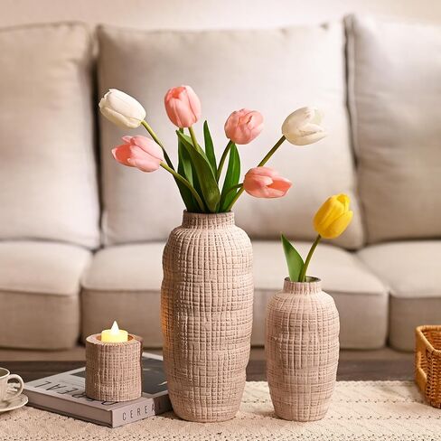 TERESA'S COLLECTIONS Large Ceramic Terracotta Vases, Farmhouse Decorative Vase for Home Decor, Rustic Vases with Candle Holder for Living Room, Table Centerpiece, Gift for Fathers Day, 11 inch in Kuwait