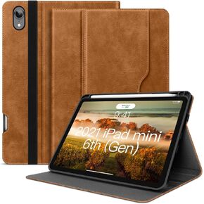 Case for 2021 iPad Mini 6 with Pencil Holder Pocket with Soft TPU Back Cover (Fits Model #'s A2567, A2568, A2569), Sleep/Wake, Vegan Leather