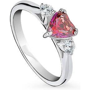 BERRICLE Sterling Silver 3-Stone Wedding Engagement Rings Red Heart Cubic Zirconia CZ Promise Ring for Women, Rhodium Plated Size 4-10