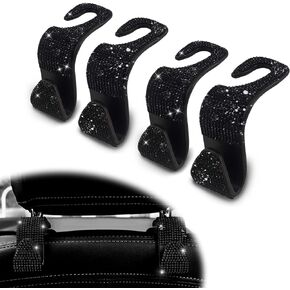 4Pack Car Seat Headrest Hooks, Crystal Bling Rhinestone Car Back Seat Headrest Hooks, Bling Car Interior Accessories, Car Headrest Hooks Hanger Back Seat Organizer for Purse Groceries Bag(Black)