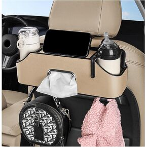 Car Seat Back Organizer with 2 Drink Cup Holder - Tissue Box and Storage Box Hook, Auto Multi Functional Storage for Family Adventures, Car Accessory Headrest Storage Box (Black)