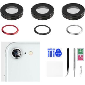 3 PCS for iPhone SE 2nd Generation Red Black White 3 Color Back Camera Lens Replacement for iPhone SE 2020 HD Tempered Rear Camera Lens Metal Frame Cover with Fix Tool SE2 A1863 A1905 A1906