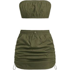 Verdusa Women's Ruched Crop Tube Top and Drawstring Skirt Casual 2 Piece Outfit